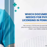 Stack of required documents for physician licensing in Pennsylvania, including forms, ID, and certifications.