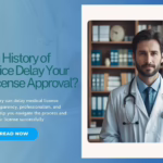 Doctor reviewing medical license application with documents related to malpractice disclosures