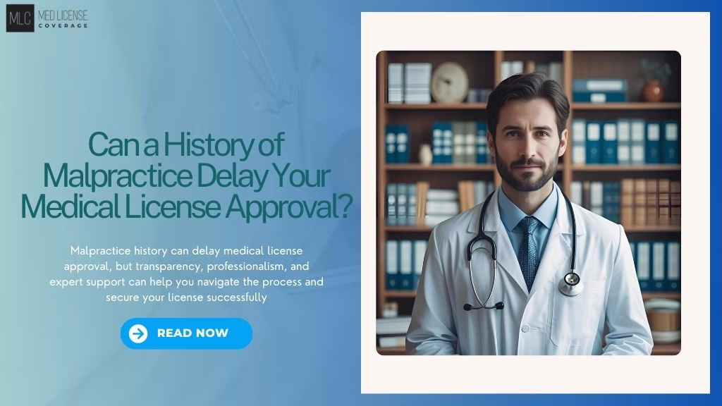 Doctor reviewing medical license application with documents related to malpractice disclosures