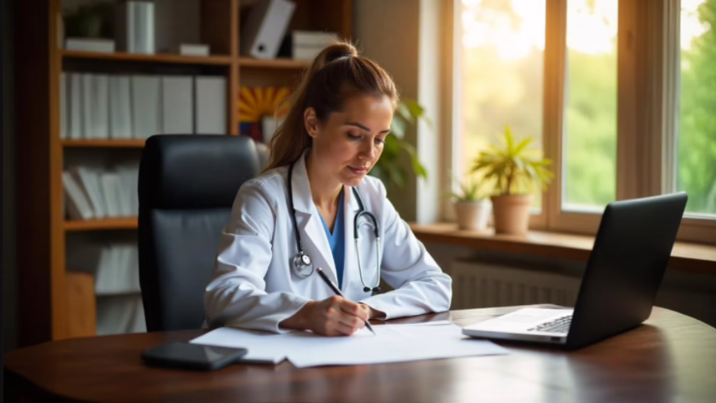 Female doctor in a white coat filling out medical license paperwork at a desk with a laptop, surrounded by office files and plants, during daylight.