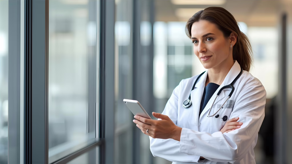 Confident female physician in white coat using smartphone near window in a modern medical office hallway.