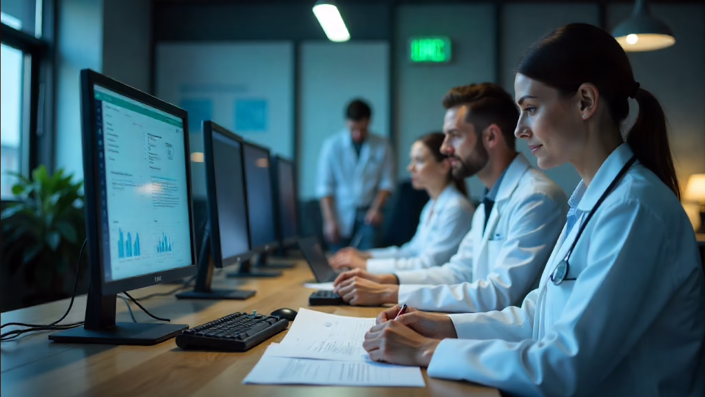 Healthcare professionals working on medical licensing documents in a modern New York office.