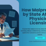 Medical board reviewing malpractice records affecting physician licensing across different U.S. states.